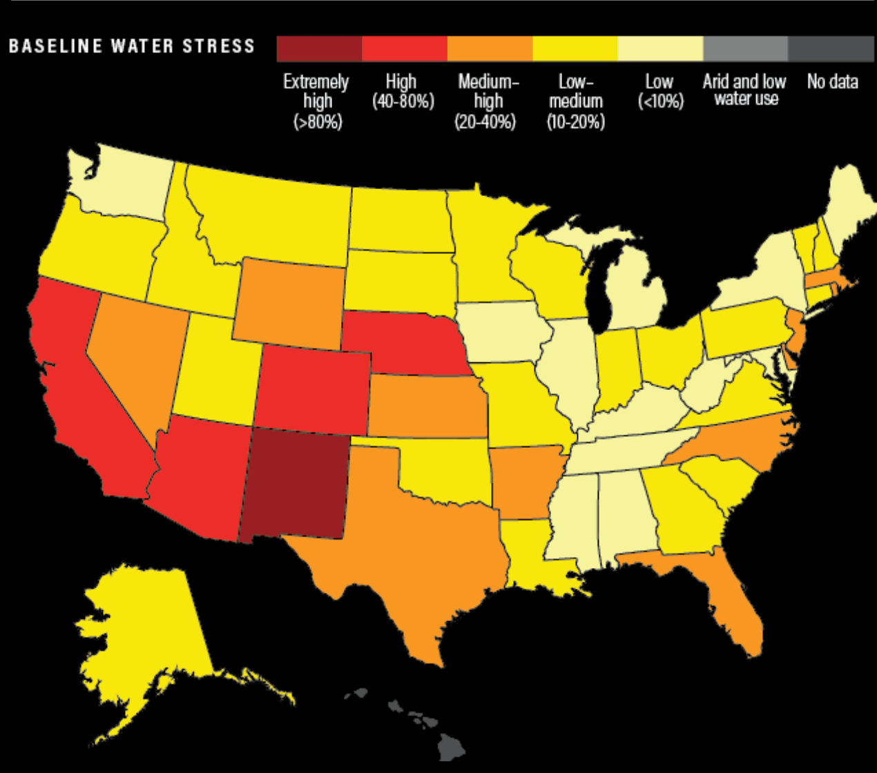 U.S. map showing baseline water stress levels with high-stress regions near Phoenix, AZ