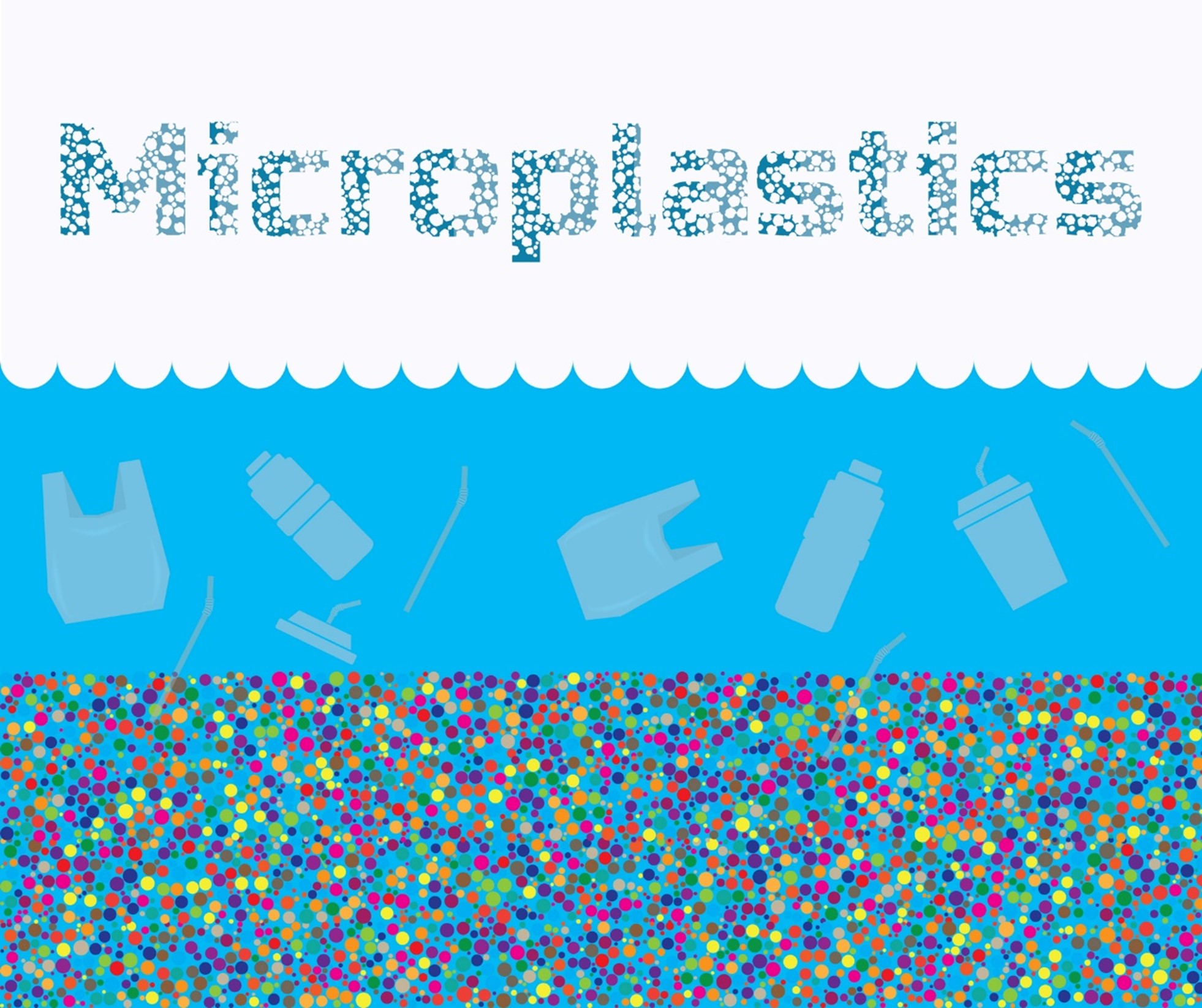 Illustration of microplastics in water with floating plastic waste and colorful plastic particles beneath the surface in AZ