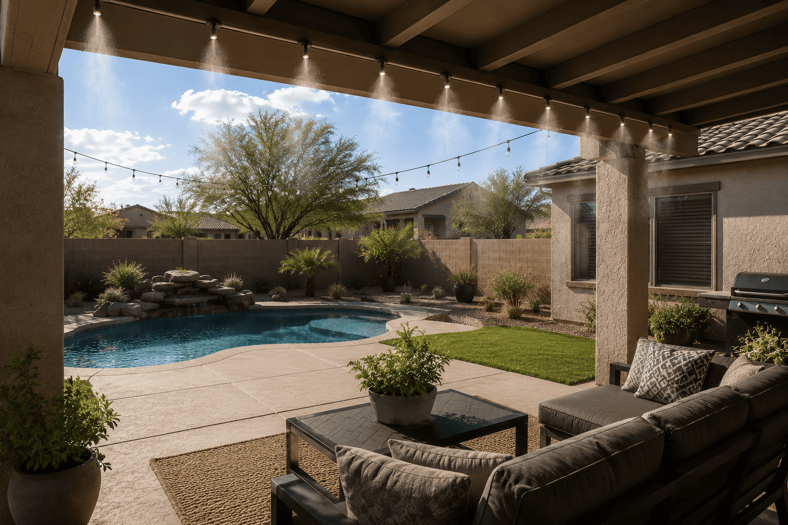 Mist and fog system around a residential outdoor space