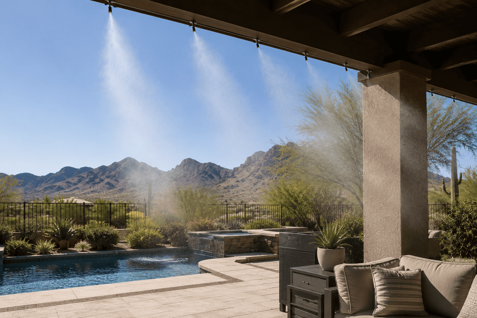 Patio misting system installed around an outdoor living area
