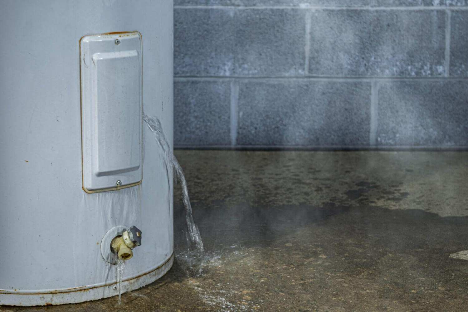 Leaking Water Heater releasing water onto floor near wall in Phoenix, AZ home