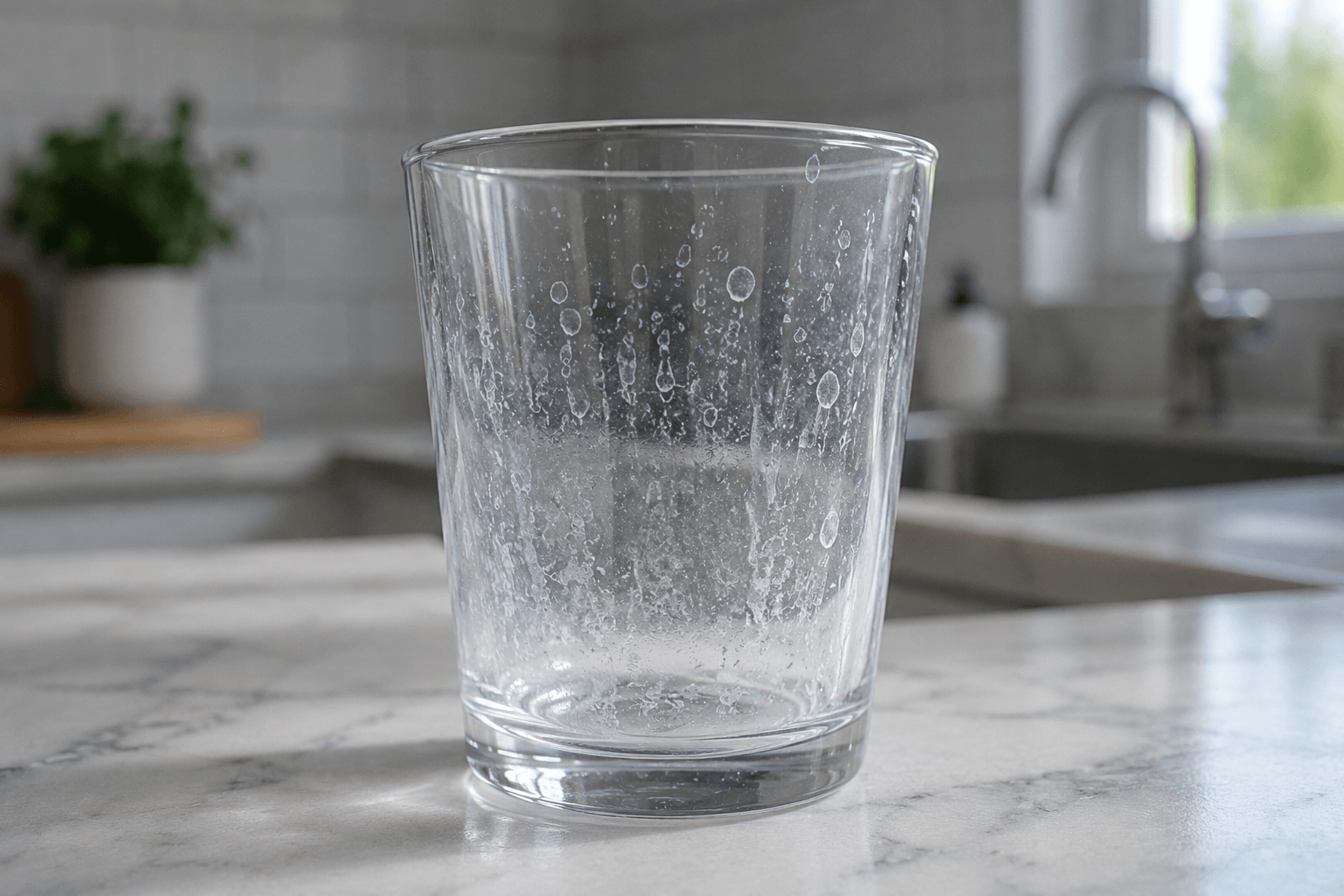 Hard water spots on drinking glass