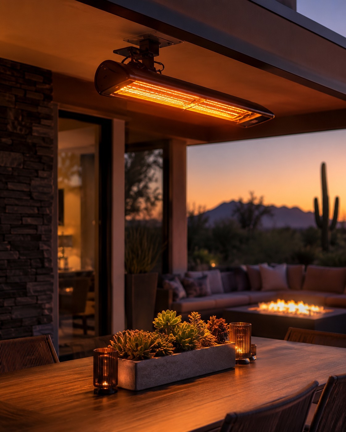Patio heater installed in a modern outdoor space